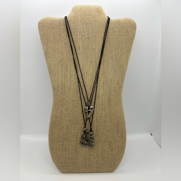 Vintage Multi Strand Cord Necklace - Black Silver Heart Drop - Picture 2 of 7